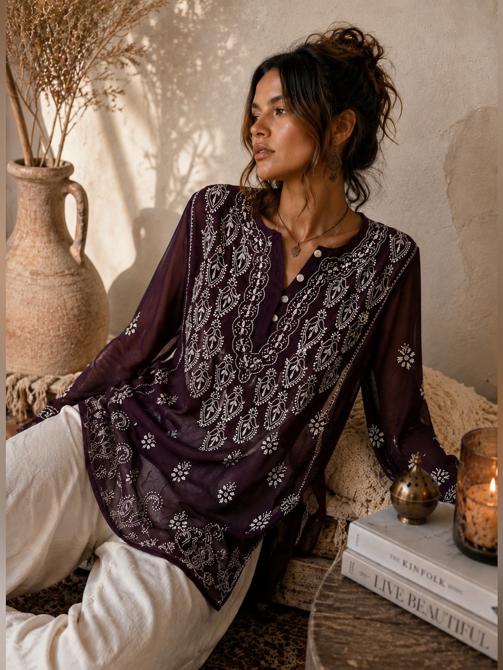 Karma Highway Plum Embroidered Sheer Tunic Top Boho Festival Long Sleeve Large